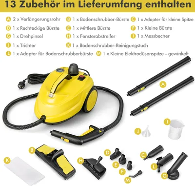 Produktbild von COSTWAY Dampfreiniger 2000W, mobile Reinigungsmaschine mit 1,8 L Tank und 13 Zubehörsätze, Dampfbesen für Teppiche, Fenster, Glas und Vorhänge, Gelb