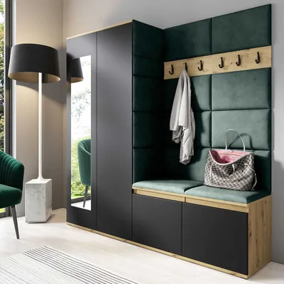 Produktbild von Garderoben-Set "CLEO", Moderner Kleiderschrank mit Polsterplatten und Schuhschrank – Ideal für Flur und Eingangsbereich (Artisan/Schwarz, Trinity 28)