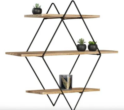 Image de Étagère murale en bois, 3 niveaux, design industriel, en bois et métal, design moderne, durable, de luxe, meuble pour salon