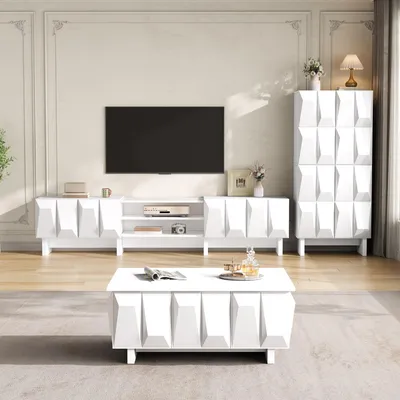 Produktbild von Merax Wohnzimmermöbel Set, 3-teilig, Kommode mit 3D-Front, TV-Lowboard, Sideboard, Couchtisch, geometrisches Design, Spanplatte, MDF, Weiß