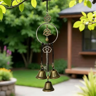 Productafbeelding van Windgongset met drie heksenbelletjes, bronskleur, gemaakt van een metaallegering en voorzien van touw. Handgemaakt, geschikt voor tuin decoratie