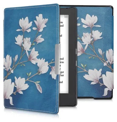 Produktbild von kwmobile Schutzhülle für Kobo Aura H2O Edition 1 Hülle - eReader Flip Case mit Auto Sleep Funktion - Magnolien mit Taupe Weiß Blaugrau