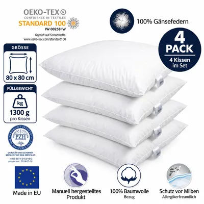 Produktbild von 4er Set Federkissen 80x80 cm 1300 Gramm – Kopfkissen mit 100% Gänsefedern – Baumwollbezug 185 g/m² – Ganzjahreskissen