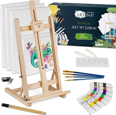 Immagine prodotto di Set di 25 pezzi per la pittura - completo per artisti - cavalletto, tele, colori e pennelli