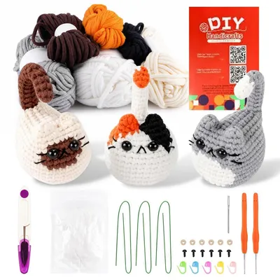 Image de Kit de crochet pour débutants avec instructions vidéo, figurines Amigurumi (animaux), 3 chats, laine, aiguilles, rembourrage et accessoires
