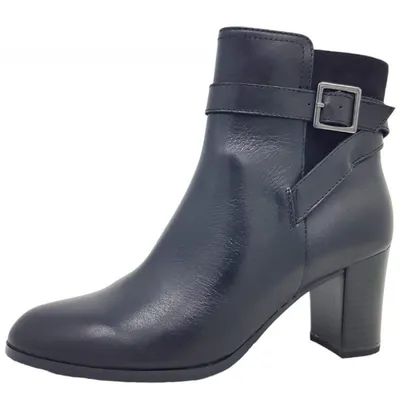 A black leather ankle boot with a buckle detail, shown from the side against a white background.