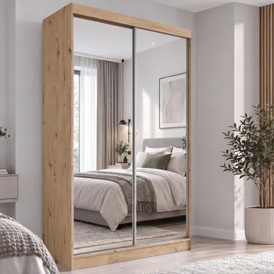 Obrázek produktu pro BEAUTYSOFA skříň s posuvnými dveřmi DEBRA II 120 cm - dvoudveřová skříň, šatní skříň, šatní skříň se zrcadly, tyč na šaty a 2 zásuvky, barva: Artisan