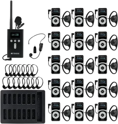 A collection of Retekess T130P tour guide system components laid out on a white background.