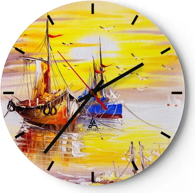 Produktbild von Wanduhr - Rund - Glasuhr - Boote Sonne Meer Reisen - 30x30cm - Schleichendes Uhrwerk - Lautlos - zum Aufhängen bereit - Dekoration Modern - Wanddekoration aus Glas - C3AR30x30-2882