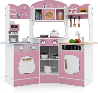 Produktbild von GOPLUS Eck Kinderküche, Spielküche für Kinder mit Lichtern und Ton, Kaffeemaschine, Ofen, Mikrowelle, Waschmaschine & Kochgeschirr, Rosa