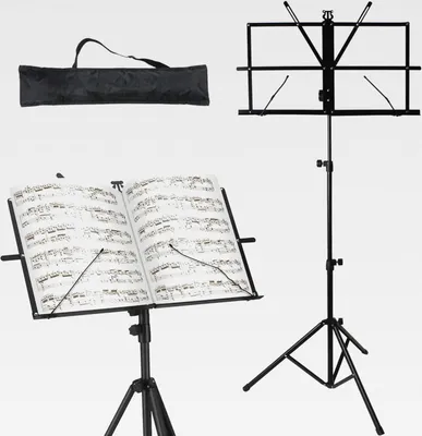 Produktbild von .- Verstellbarer und faltbarer Notenständer aus Aluminium – Notenblatthalter mit Tragetasche – Höhenverstellbar bis zu 132 cm – Leicht, stabil und tragbar für Musiker