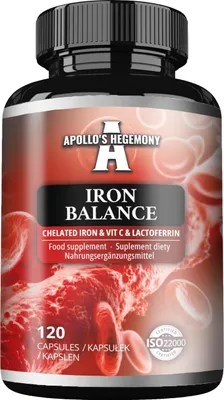 Produktbild von Iron Balance 120 Vegane Kapseln - Eisenchelat mit Vitamin C und Lactoferrin - 120 Tagesportionen - für eine verbesserte Eisenaufnahme - Nahrungsergänzungsmittel von Apollo's Hegemony