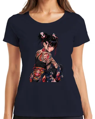 Immagine prodotto di Maglietta da donna, stile streetwear, con stampe ispirate all'anime, al manga, ai tatuaggi, al Giappone, alla yakuza, agli oni, ai koi, ai daruma e allo stile Y2K. Colore: blu navy. Taglia: M