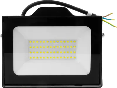 A black LED floodlight with a white diffuser and visible LEDs is shown against a white background. Power cables with exposed wires are visible at the top right.