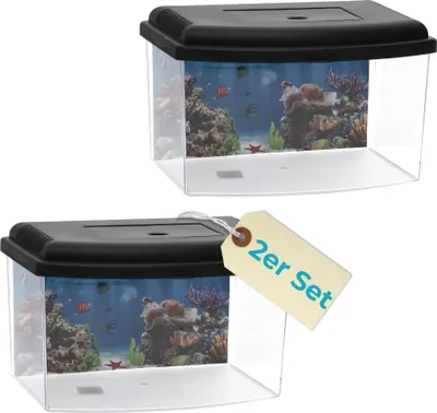 Produktbild von 2er Set Nano Aquarium Terrarium Faunarium Urzeitkrebse Garnelen Triops Zucht Mini Becken klein Fisch Acrylglas Plastik mit Deckel Rückwandfolie