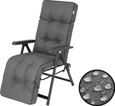 A gray recliner chair with a footrest, shown against a white background. A circular inset shows a close-up of the fabric with water droplets, indicating water resistance.