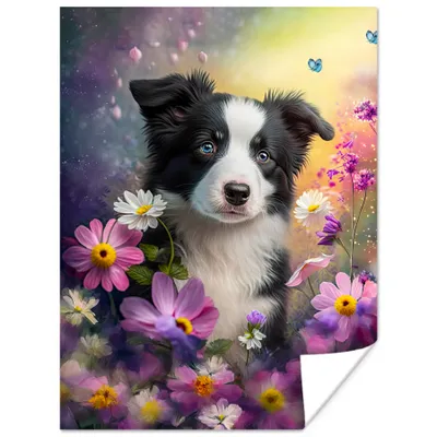 Produktbild von MuchoWow® Poster Hund - Blumen - Natur - Welpe - Border Collie 90x120 cm - Wohnzimmer