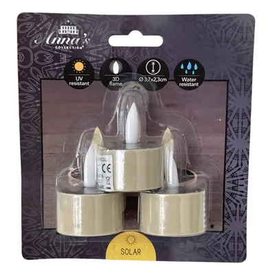 Produktbild von Anna's Collection Solar Teelichte sand creme LED 3er Set 3D-Flamme 3,7x4,5cm uv-beständig outdoor