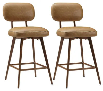 Produktbild von 2er-Set drehbare Barhocker aus PolyurethanKunstleder, Tresenhöhe, moderner Mid-Century-Stil, mit niedriger Rückenlehne und Metallbeinen, für Kücheninsel, Braun
