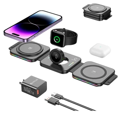 Produktbild von 3 in 1 Magnetische Kabellose Ladestation, Mag-Safe ladegerät [Faltbar & Tragbar & Buntes Licht] Wireless Charging Ladepad für iPhone 14/13/12/11/XR/8 Serie,Samsung S22/21/20, iWatch, AirPods