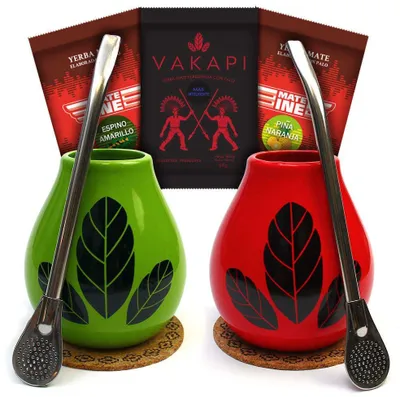 Image de Coffret de tasses à thé Yerba Mate pour deux - Tasses en céramique rouges et vertes - Thé Yerba Mate du Paraguay, 3 x 50 g en vrac