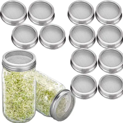 Produktbild von 12 Stück Sprossengläser Deckel,  Edelstahl Sprossenglas Deckel Kit, Belüftung Weithals Einmachgläser Für Samenkeimen Salatsprossen, die Herstellung(Enthält nur Edelstahlgitterabdeckung)