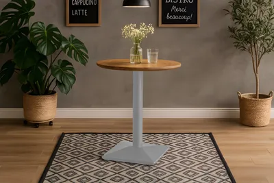 Produktbild von Bistrotisch Schweizer Kante massiv Akazie naturfarben 70 cm Säulengestell-eckig silber BRASILIA