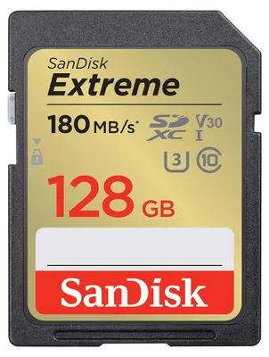 Produktbild von SanDisk Extreme, 128 GB, SDXC, Klasse 10, UHS-I, 180 MB/s, 90 MB/s
