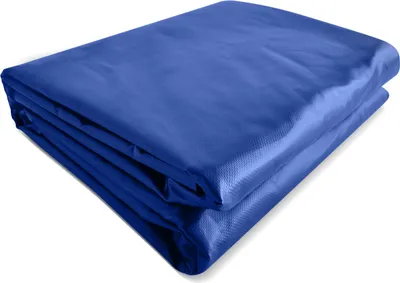 A folded blue tarp is shown against a white background.