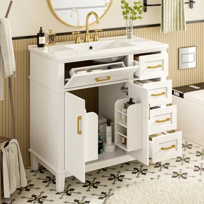 Image de Meuble de salle de bain sur pied avec tiroir, étagère derrière les portes doubles, poignée dorée, vasque en céramique intégrée, meuble vasque, meuble sur pied, blanc