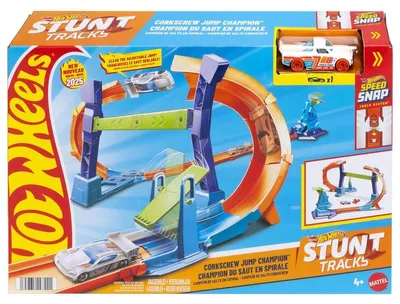 Produktbild von Mattel JFH36 - Hot Wheels - Spiral-Sprung Trackset mit Korkenzieher-Looping, anpassbarer Stunt-Sprung & 1:64 Fahrzeug