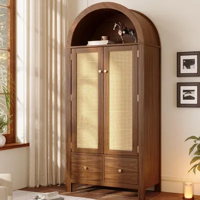 Produktbild von Flieks Kleiderschrank Gaderobenschrank mit Rattan-Flechten, Gaderobe mit Kleiderstange und 2 Schubladen, Eckkleiderschrank 78x45x181cm, Walnut