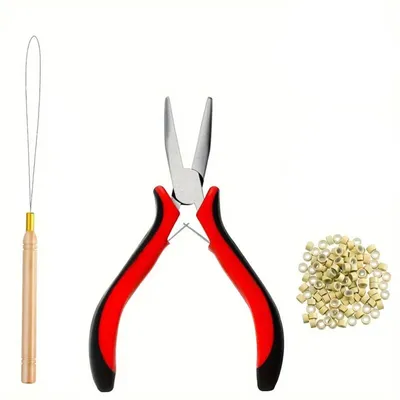 Immagine prodotto di CHPN - Kit per l'allungamento dei capelli - Pinza per l'applicazione di extension - Pinza per extension - Rimozione delle extension - Con aghi - Per parrucchieri - Biondo - 100 microanelli