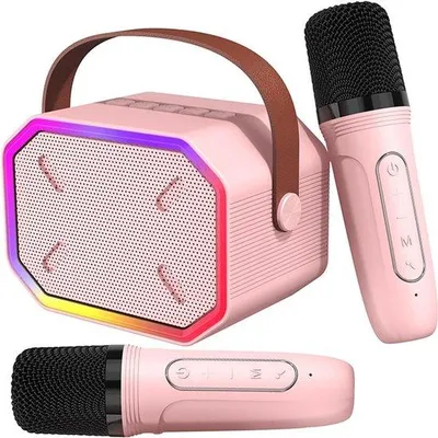 Obrázek produktu pro Přenosná karaoke souprava pro dospělé i děti – 2 bezdrátové mikrofony – Bluetooth – světelné efekty – RGB – růžová – 10 x 10 x 15 cm