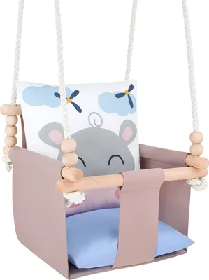 Imagen del producto de Columpio para bebé con cojines de algodón, beige, azul y gris claro, diseño de hipopótamo Safari, hecho a mano en la UE