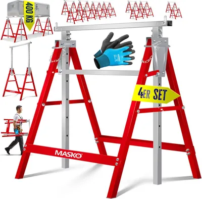 Produktbild von MASKO® Teleskop-Arbeitsbock Untergestell | Klappbock max. Belastbarkeit 200 kg | Unterstellbock höhenverstellbar Min. / max. Arbeitshöhe 800-1300 mm | Gerüstbock inkl. Handschuhe