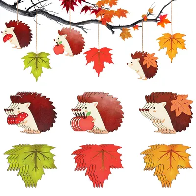 Herbstdeko Hängedekoration aus Holz, 24 Stück, 8 cm, Igel & Ahorn