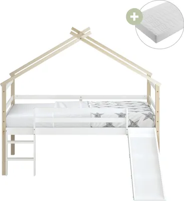 Produktbild von Sunny River Halbhohes Hausbett aus Holz mit Rutsche in Braun & Weiß | Kinderbett / Hochbett in Haus Form Mit Matratze | Einzelbett in 213 x 186 x 183