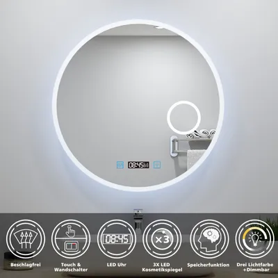Produktbild von AICA LED Badspiegel Rund 80cm mit Touch/Wandschalter Beschlagfrei Kalt/Neutral/Warmweiß Dimmbar Badezimmerspiegel mit Uhr und 3-Fach Kosmetikspiegel IP44