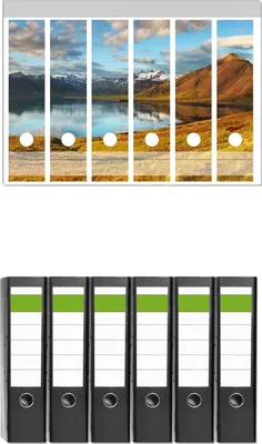 Produktbild von Wallario 6 Stück breite Ordner inkl. Klebeetiketten mit Motive Bergpanorama mit Spiegelung im See -  Set mit Rückenschildern / Ordnerrücken Stickern