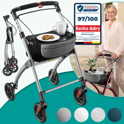 Zdjęcie produktu dla Rolator wewnętrzny ELONEO o szerokości 54 cm, składany i lekki, z tacą i koszykiem z tkaniny, wąski rolator do domu, rolator wewnętrzny, składany, srebrny