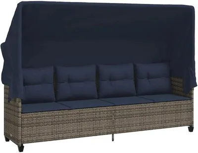 Produktbild von Sonnenliege mit Dach und Kissen, Poly Rattan Gartenliege Grau, Rattan Sonneninsel Outdoor Daybed für Garten, Balkon und Terrasse, 204 x 75 x 140 cm