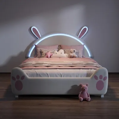 Obrázek produktu pro Dětská postel INONEFT, rozměry 140x200 cm, s LED osvětlením, design s králíčky, jednolůžko, čalouněná postel pro dívky, samet, postel pro teenagery, rám postele s lamelovým roštem