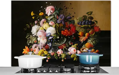 Produktbild von KitchenYeah®  Spritzschutz Küche - Küchenrückwand - Wandschutz für Herd und Spüle - Stilleben mit Blumen und Früchten - Kunstwerk - Alte Meister 120x80 - Alu-Dibond (Alternative zum Spritzschutz aus G