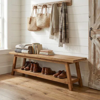 Produktbild von Eingangsbank aus Massivholz mit Schuhablage, 160 cm lange rustikale Schuhbank für den Flur, Sitzgelegenheit aus Naturholz für den Eingangsbereich