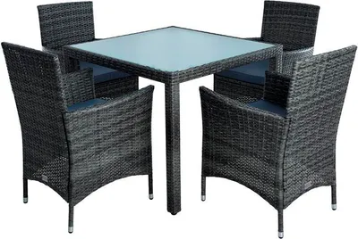 A square polyrattan dining set with four chairs and a glass-topped table, presented on a white background.