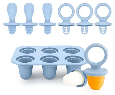 Produktbild von Silikon-Eisform - 6-fach Mini-Eis am Stiel Form mit Beißring-Griff für Fruchtpüree und Joghurt - Blau