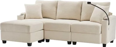 Produktbild von AIORBER L-förmiges Ecksofa mit Hocker, Getränkehalter, USB, Armlehnenablage, 2 Kissen, Cord, umwandelbar, Beige / Dunkelgrau