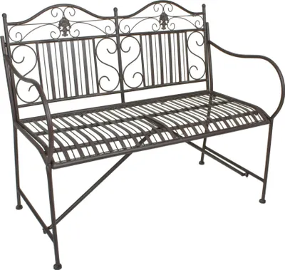 A brown metal garden bench is shown against a white background.