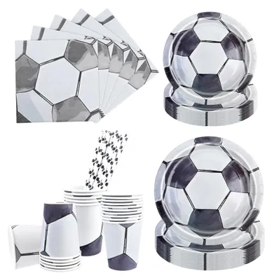 Produktbild von 100 Stück Fußball Partygeschirr Set - Geburtstag für 20 Gäste mit Tellern, Bechern, Servietten, Strohhalmen & Deko in Grau und Weiß